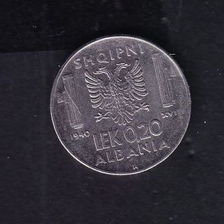 1940,  Albania.  Albanian 0.  20 Leke.  Italy Italian Occupation Coins.  T 22