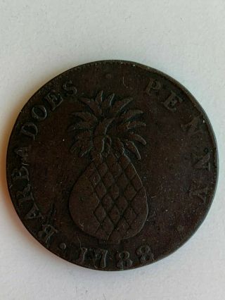 1788 One Penny Barbados Copper Coin - I Serve - Pineapple & Slave