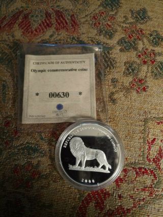 Congo Silver 10 Francs 2000 Proof Coin Olympic Series Tennis.  999 Silver