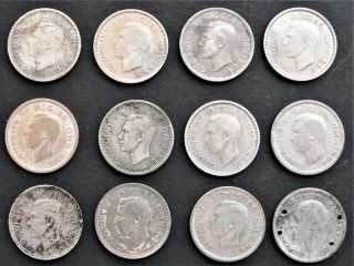 1928 - 1941 Great Britain Sixpence,  Silver Coins,  Group Of 12 - 787