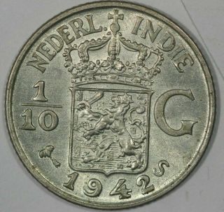 NETHERLANDS INDIES 1/10th Gulden 1942 Silver Coin,  uncirculated Unc 1 2