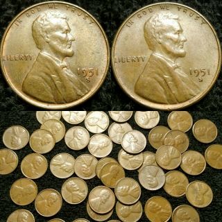 1951 - S Au,  Roll Of 50 Lincoln Cents Wheat Pennies