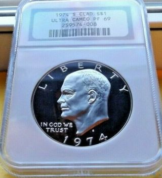 1974 - S Ngc Pf69 Ultra Cameo Clad Eisenhower Ike Dollar $1 Bright White Cameo
