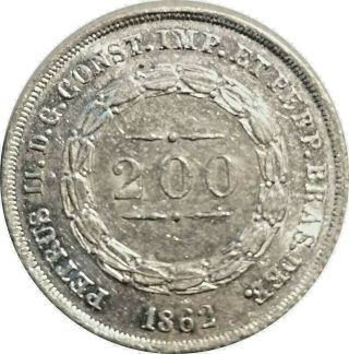 1862 Brazil 200 Reis,  KM 469,  91.  7 Pure Silver,  AU to BU with Luster 2