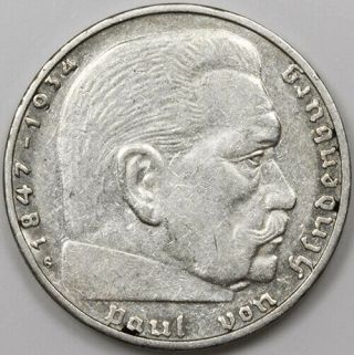 1936 G Germany Hindenburg Third Reich 2 Reichsmark Silver Coin
