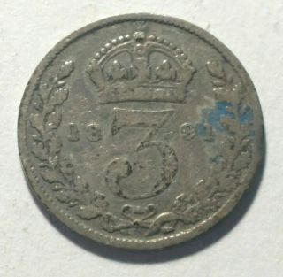 1891 3 - Pence Great Britain 92.  5 Silver - Queen Victoria Worn