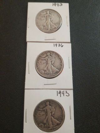 3 Coins - 2 - 1943 & 1 - 1936 Liberty Walking Silver Half Dollar