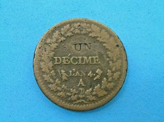 1795 - 1796 - A France Un Decime Coin,  Countermark Un Over 2 (l 