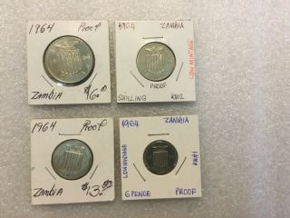 1964 Bank Of Zambia Set Of 4 Proof Coins 1,  2 Shillings,  6 Pence Km1,  Km2,  Km3