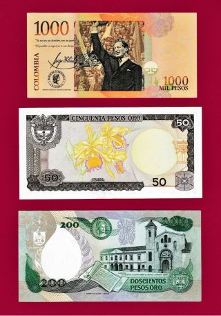 Colombia Unc Notes 50 Pesos 1980 P - 422a,  200 Pesos 1984 P - 429a & 1000 Pesos P456