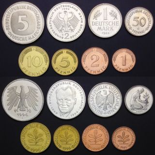 [d - 5] Germany Set 8 Coins,  1 2 5 10 50 Pfennig,  1 2 5 Mark,  1949 - 2001,  Real,  Unc