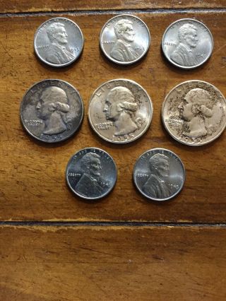 3,  1955 (p) Silver Quarter (toned),  And 5 1943 (p) Steel Pennies