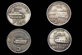 Set Of 4 Coins 5 Reichsmark Tanks Germany 1943 - 1944 - 1945 Tiger,  Panther