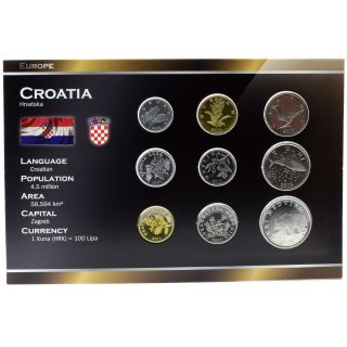 Croatia 9 Coins Full Set: 1,  2,  5,  10,  20,  50 Lipa,  1,  2,  5 Kuna 1993 - 2009 Unc