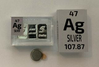 3 x 5 grains Periodic Element Ingots Ag.  999 pure Silver Metal in Element tile. 2
