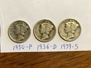 3 Harder Dates 1930s Mercury Dimes 1930 - P 1936 - D & 1939 - S 1 Cent Start