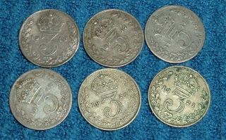Great Britain 3 - Pence,  1916,  17,  18,  19,  20,  And 21.  Six Silver Coins