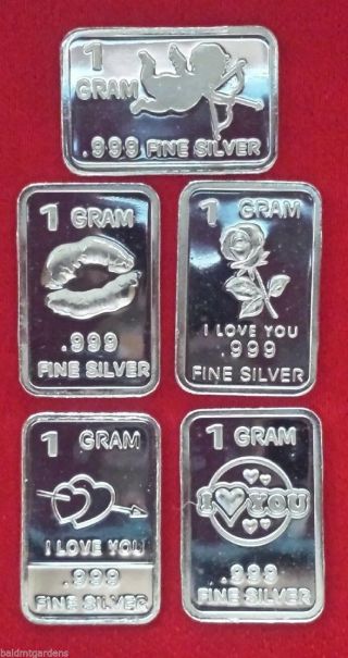 5 X 1 Gram.  999 Fine Pure Silver Bar Valentines.  I Love You
