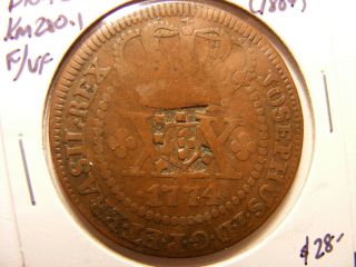 Brazil 1809 40 Reis,  Km 280.  1 C/m On 1774 20 Reis Host Coin,  175.  1,  F/vf