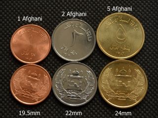 Afghanistan Coins Set.  1 - 2 - 5 Afghanis Unc.  1 Set Of 3 Coins.