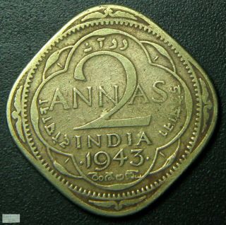 1943 British India 2 Annas - Ni - Brass Coin - George Vi King Emperor