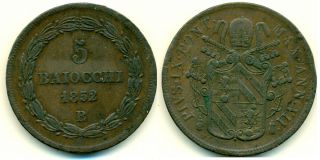 1852 Vatican City Pius Ix 5 Baiocchi Coin