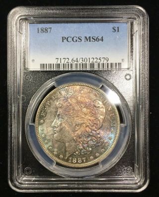Blue / Red Rainbow Toning 1887 Morgan Dollar - Pcgs Ms64
