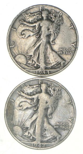 (2) 1942 - S & 1944 - D Walking Liberty Half Dollars 90 Silver $1.  00 Face 731