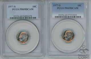 Set Of 2 - 1977 - S United States 10c Proof Roosevelt Dime Graded Pr69dcam By Pcgs
