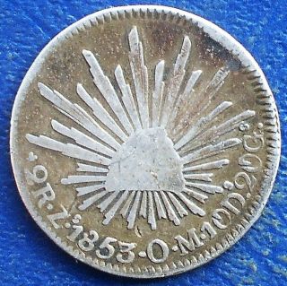 . 903 Silver 1853 Zs O.  M.  Mexico First Republic 2 Reales Zacatecas Circ Fr4