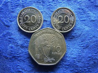 Mauritius 20 Cents 1994,  1996 Km53,  10 Rupees 1997 Km61