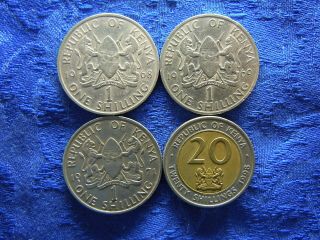 Kenya 1 Shilling 1968,  1968,  1971 Km5,  20 Shilling 1998 Km32