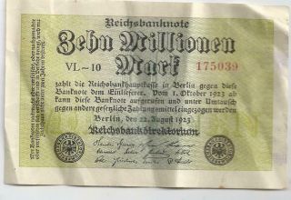German Mark Note.  Ten Million Marks.  1923