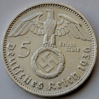 5 Reichsmark 1936 D,  Third Reich Germany,  Paul Von Hindenburg