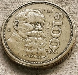 1984 Mexico Mexican $100 Peso Coin - Obverse V.  Carranza Reverse Eagle & Snake