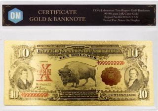 24kt Gold Foil 1901 Usa Gold Banknote ($10) Bison With (rep)