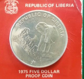 1975 Liberia Silver 5 Dollar Proof Coin In Package.  9867oz Asw.