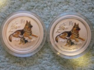2018 Australian Silver Lunar Series Ii Colorized Dog 1/4 Oz Bu (set Of Two Coin)