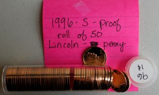 1996 S Roll Of 50 Lincoln Proof Pennies 1c Us Coins Fifty - One Cent Coins