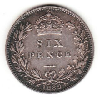 1889 Great Britain Queen Victoria Sterling Silver Sixpence.  Gvf.