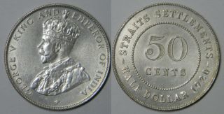 5: 1920 Straits Settlements Malaya Singapore Kgv 50 Cents Silver Coin Aunc