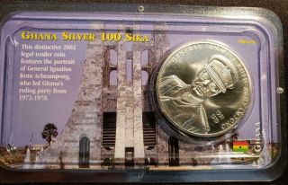 Ghana 2002 General Acheampong 100 Sika.  925 Asw Silver Gem Uncirculated Xo14