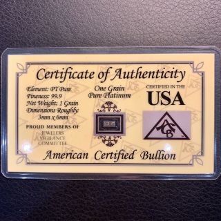 One Grain Pure Platinum Bar 99.  9 Pt American Certified Bullion (with Card/coa)