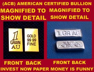 Acb Gold And Silver Ingot Bullion 1grain Bars.  999 Fine Combo Pack Of Au & Ag,