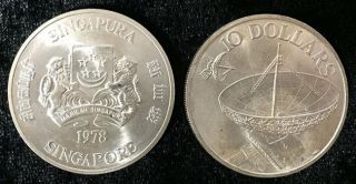 Singapore 10 Dollar Communications Satellites 1978 Silver Coin Unc