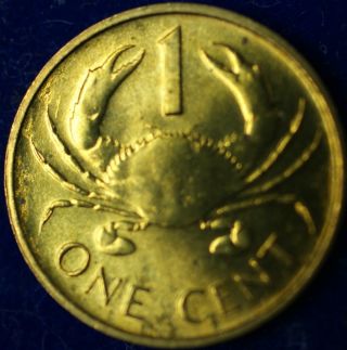 1997 Seychelles One Cent 1c Bu Brass Crab Coin