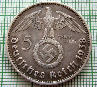 Germany Third Reich 1938 A 5 Reichsmark Hindenburg Swastika Silver Patina