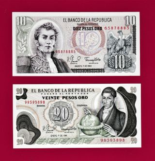 Rare Colombia Unc Notes: 10 Peso Oro 1980 (p - 407g) & 20 Pesos Oro 1981 (p - 409)