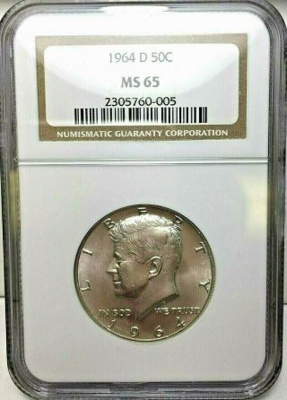 1964 D Silver Kennedy Half Dollar Ngc Ms 65 State 65 Slabbed