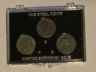 1943 Steel Cents Wartime Emergency Issue Psd Set Of 3 In Plastic Case